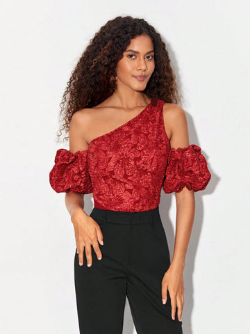 Asymmetrical Neck Puff Sleeve Jacquard Bodysuit