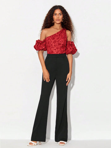 Asymmetrical Neck Puff Sleeve Jacquard Bodysuit