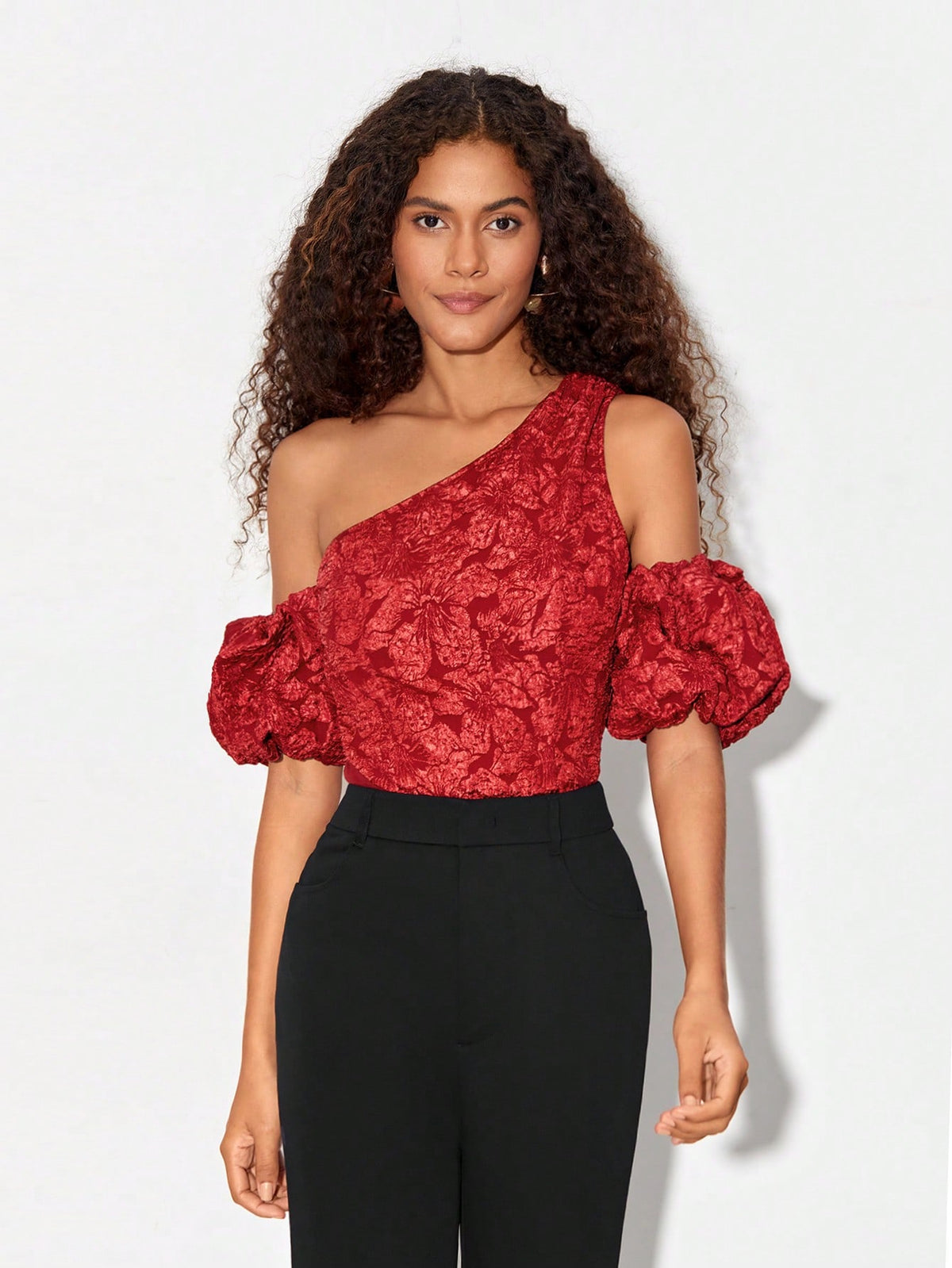 Asymmetrical Neck Puff Sleeve Jacquard Bodysuit
