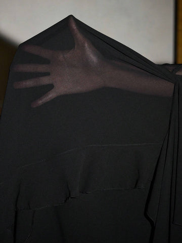 Belinda NO NAME Women's Black Sheer Mesh Waistband Chiffon Draped Frill Wrinkled Detail Elegant Skirt Belinda MV