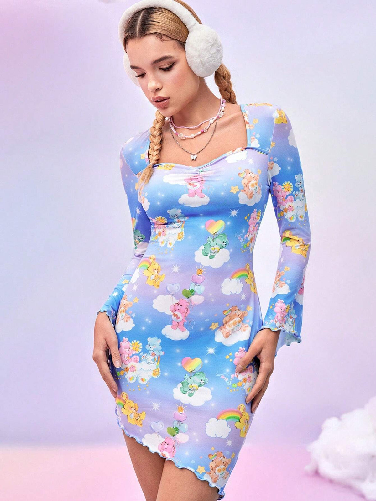 Bears Blue Tight Long-Sleeved Dress, Bell Sleeve, Asymmetrical Hem, Sweetheart Neck, Wavy Edges,