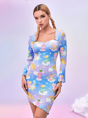 Bears Blue Tight Long-Sleeved Dress, Bell Sleeve, Asymmetrical Hem, Sweetheart Neck, Wavy Edges,