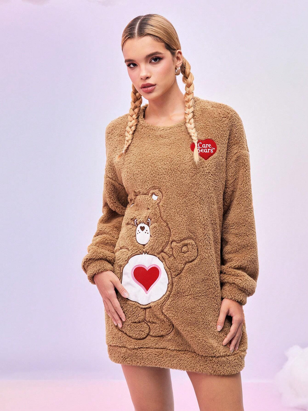 Care Bears Brown Embroidered Cartoon Bear Dropped Shoulder Loose Plush Dress