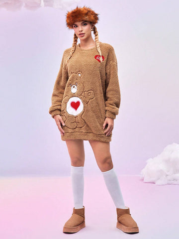 Care Bears Brown Embroidered Cartoon Bear Dropped Shoulder Loose Plush Dress