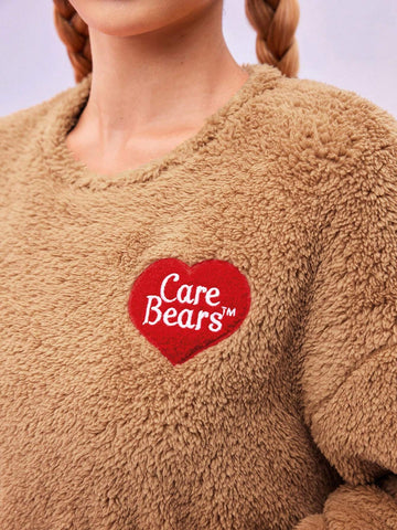 Care Bears Brown Embroidered Cartoon Bear Dropped Shoulder Loose Plush Dress