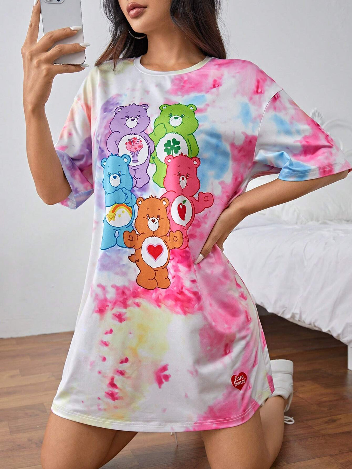 Bears Casual Cartoon Bear And Tie-Dye Printed Oversized Tee Dress, Summer