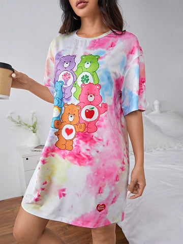 Bears Casual Cartoon Bear And Tie-Dye Printed Oversized Tee Dress, Summer