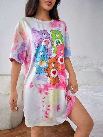 Bears Casual Cartoon Bear And Tie-Dye Printed Oversized Tee Dress, Summer
