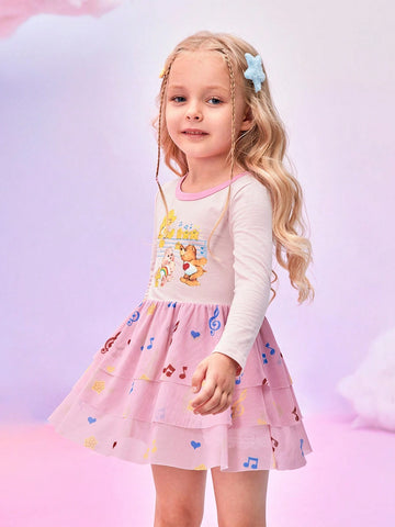 Young Girl Cartoon Bear And Note Print Long Sleeve Mesh Layered Ruffle Hem Dress