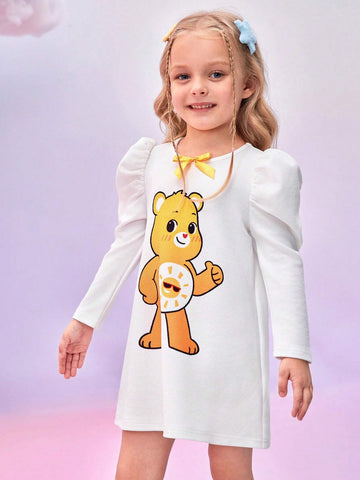 Young Girl Casual Cute Cartoon Bear Print Gigot Sleeve Short Dress