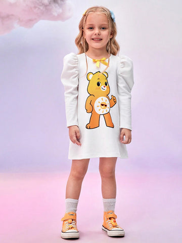 Young Girl Casual Cute Cartoon Bear Print Gigot Sleeve Short Dress