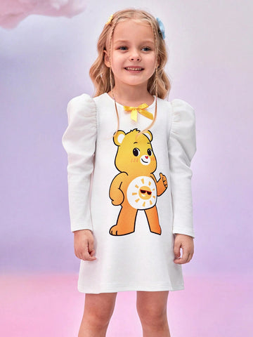 Young Girl Casual Cute Cartoon Bear Print Gigot Sleeve Short Dress