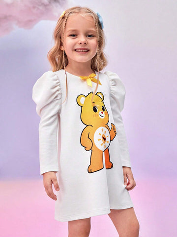 Young Girl Casual Cute Cartoon Bear Print Gigot Sleeve Short Dress