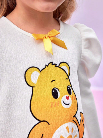 Young Girl Casual Cute Cartoon Bear Print Gigot Sleeve Short Dress