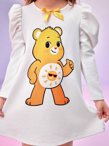Young Girl Casual Cute Cartoon Bear Print Gigot Sleeve Short Dress