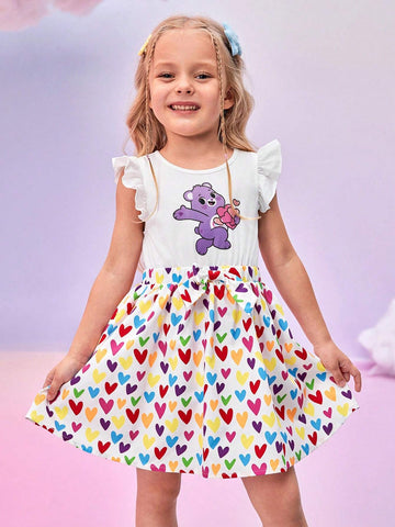 Young Girl Casual Cute Cartoon Bear & Colorful Heart Print Ruffle Armhole Bow Elastic Waist Dress