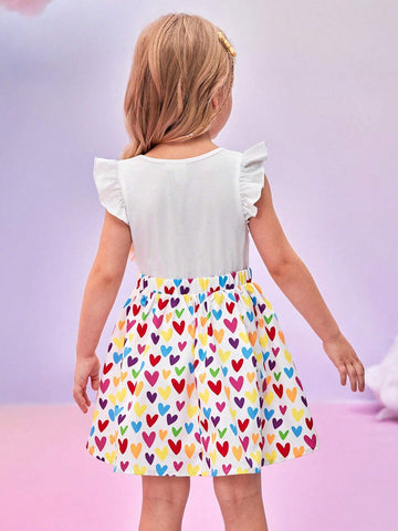 Young Girl Casual Cute Cartoon Bear & Colorful Heart Print Ruffle Armhole Bow Elastic Waist Dress