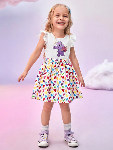Young Girl Casual Cute Cartoon Bear & Colorful Heart Print Ruffle Armhole Bow Elastic Waist Dress