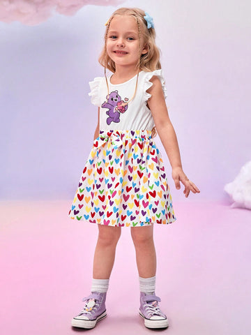 Young Girl Casual Cute Cartoon Bear & Colorful Heart Print Ruffle Armhole Bow Elastic Waist Dress