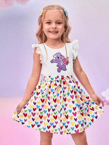 Young Girl Casual Cute Cartoon Bear & Colorful Heart Print Ruffle Armhole Bow Elastic Waist Dress