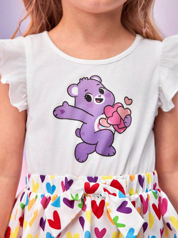 Young Girl Casual Cute Cartoon Bear & Colorful Heart Print Ruffle Armhole Bow Elastic Waist Dress