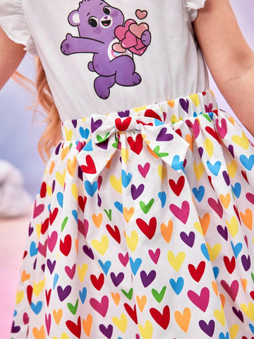 Young Girl Casual Cute Cartoon Bear & Colorful Heart Print Ruffle Armhole Bow Elastic Waist Dress