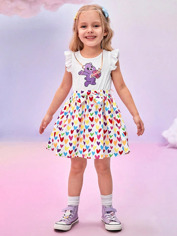 Young Girl Casual Cute Cartoon Bear & Colorful Heart Print Ruffle Armhole Bow Elastic Waist Dress