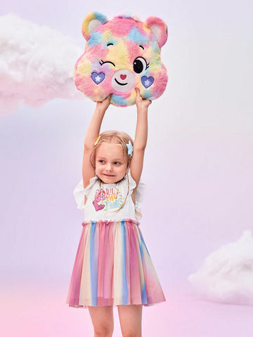 Young Girl Cute Bear & Slogan Print Ruffle Armhole Ombre Mesh Hem Summer Dress