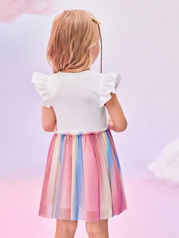 Young Girl Cute Bear & Slogan Print Ruffle Armhole Ombre Mesh Hem Summer Dress