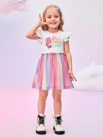 Young Girl Cute Bear & Slogan Print Ruffle Armhole Ombre Mesh Hem Summer Dress
