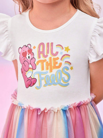 Young Girl Cute Bear & Slogan Print Ruffle Armhole Ombre Mesh Hem Summer Dress