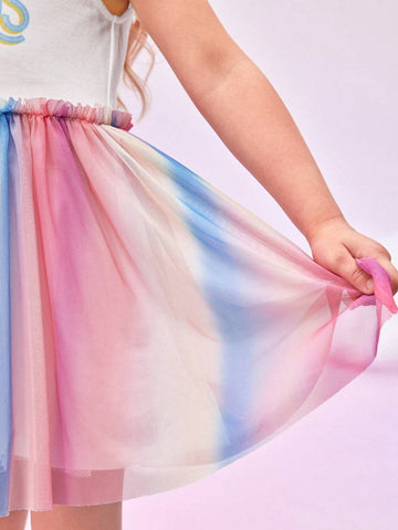 Young Girl Cute Bear & Slogan Print Ruffle Armhole Ombre Mesh Hem Summer Dress