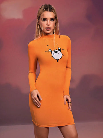 Bears Women's Cartoon Bear Pattern Stand Collar Bodycon Orange Short Dress