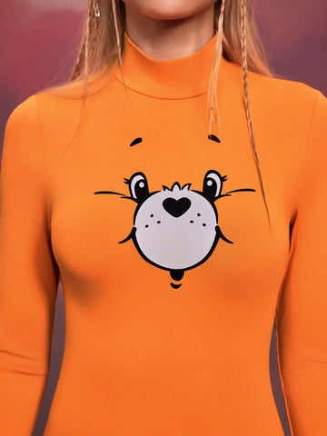 Bears Women's Cartoon Bear Pattern Stand Collar Bodycon Orange Short Dress