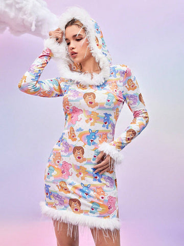 Care Bears Women's Cartoon Bear Print Patchwork Faux Fur Hooded Fitted Short Dress