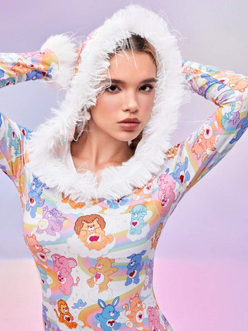 Care Bears Women's Cartoon Bear Print Patchwork Faux Fur Hooded Fitted Short Dress