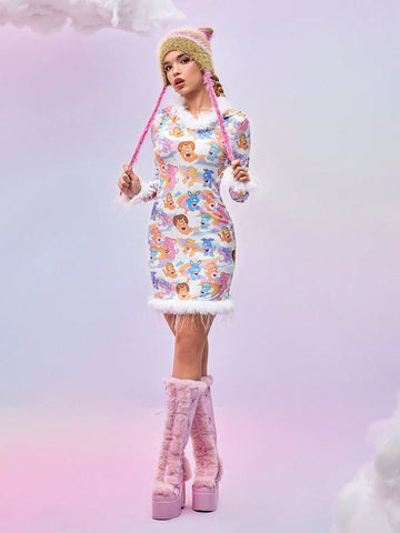 Care Bears Women's Cartoon Bear Print Patchwork Faux Fur Hooded Fitted Short Dress