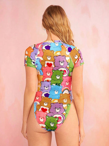 Y2k Colorful Bear Print Raglan Sleeve Summer Bodysuit