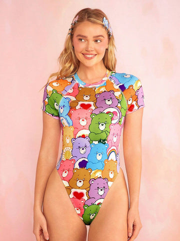 Y2k Colorful Bear Print Raglan Sleeve Summer Bodysuit