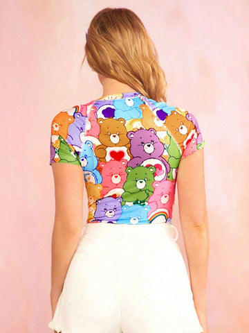 Y2k Colorful Bear Print Raglan Sleeve Summer Bodysuit