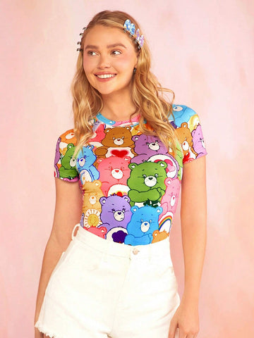 Y2k Colorful Bear Print Raglan Sleeve Summer Bodysuit