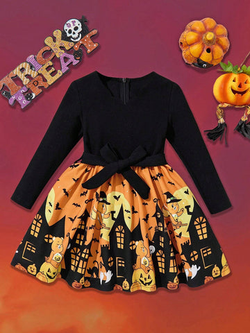 Young Girl Cartoon Halloween Bear Print Colorblock Long Sleeve Scallop Edge Dress