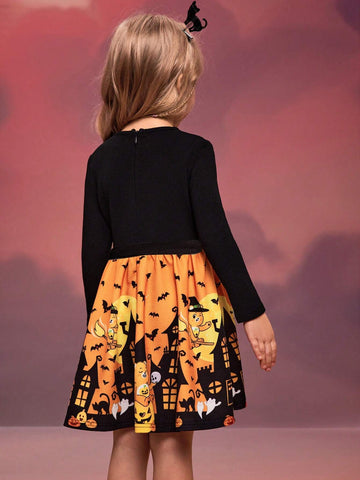 Young Girl Cartoon Halloween Bear Print Colorblock Long Sleeve Scallop Edge Dress