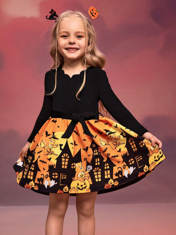 Young Girl Cartoon Halloween Bear Print Colorblock Long Sleeve Scallop Edge Dress