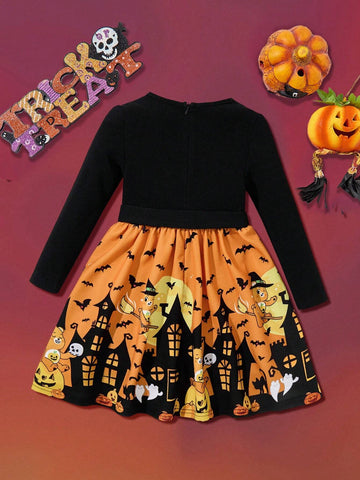 Young Girl Cartoon Halloween Bear Print Colorblock Long Sleeve Scallop Edge Dress