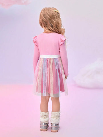 Young Girl Colorful Bear, Rainbow & Star Print Patchwork Long Sleeve Tulle Dress