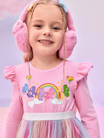 Young Girl Colorful Bear, Rainbow & Star Print Patchwork Long Sleeve Tulle Dress