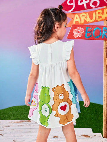 Young Girls Colorful Heart & Bear Print Cap Sleeve Cute Short Dress