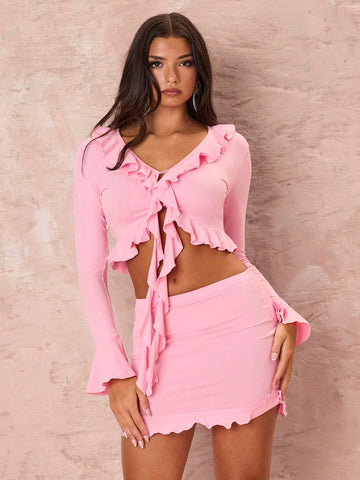 2pcs Women Spring & Summer Solid Color Ruffle Hem Long Sleeve Cropped Top And Bodycon Mini Skirt Set
