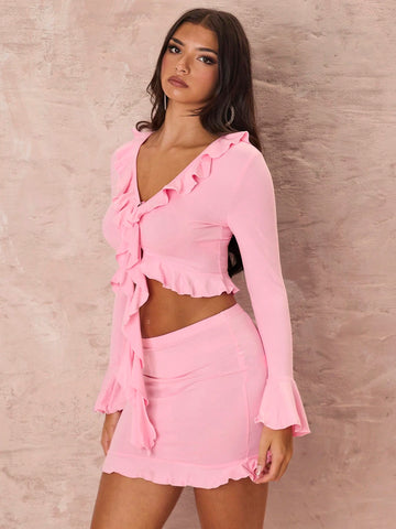 2pcs Women Spring & Summer Solid Color Ruffle Hem Long Sleeve Cropped Top And Bodycon Mini Skirt Set